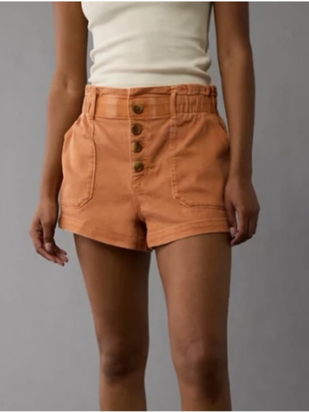 American Eagle Dreamy Drape Stretch Paperbag Mom Shorts Orange Denim 6